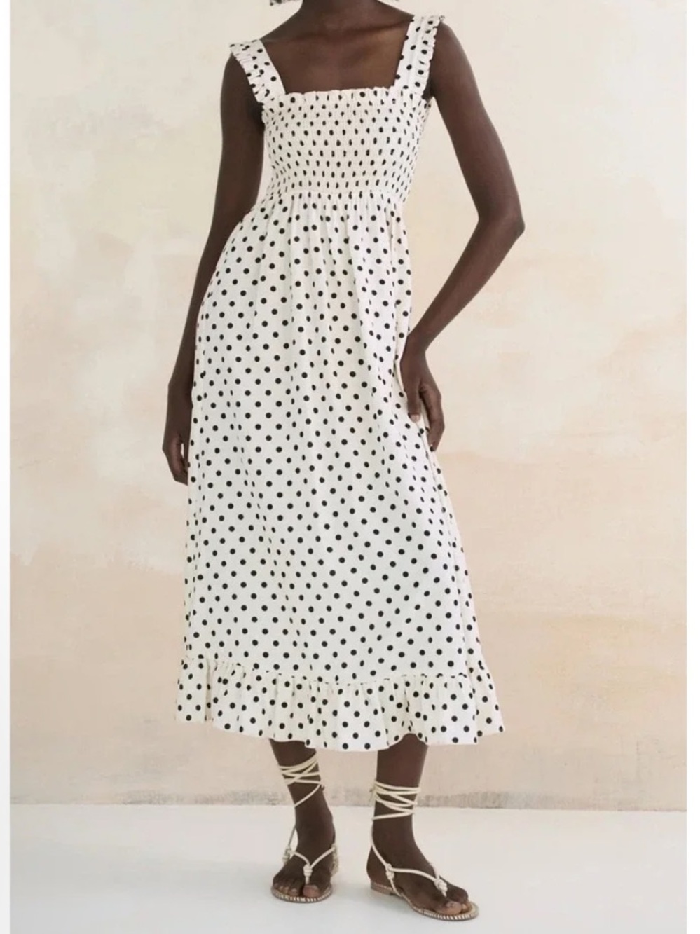 Zara Smocked Square Neck Ruffle Hem Polka Dot Midi Dress